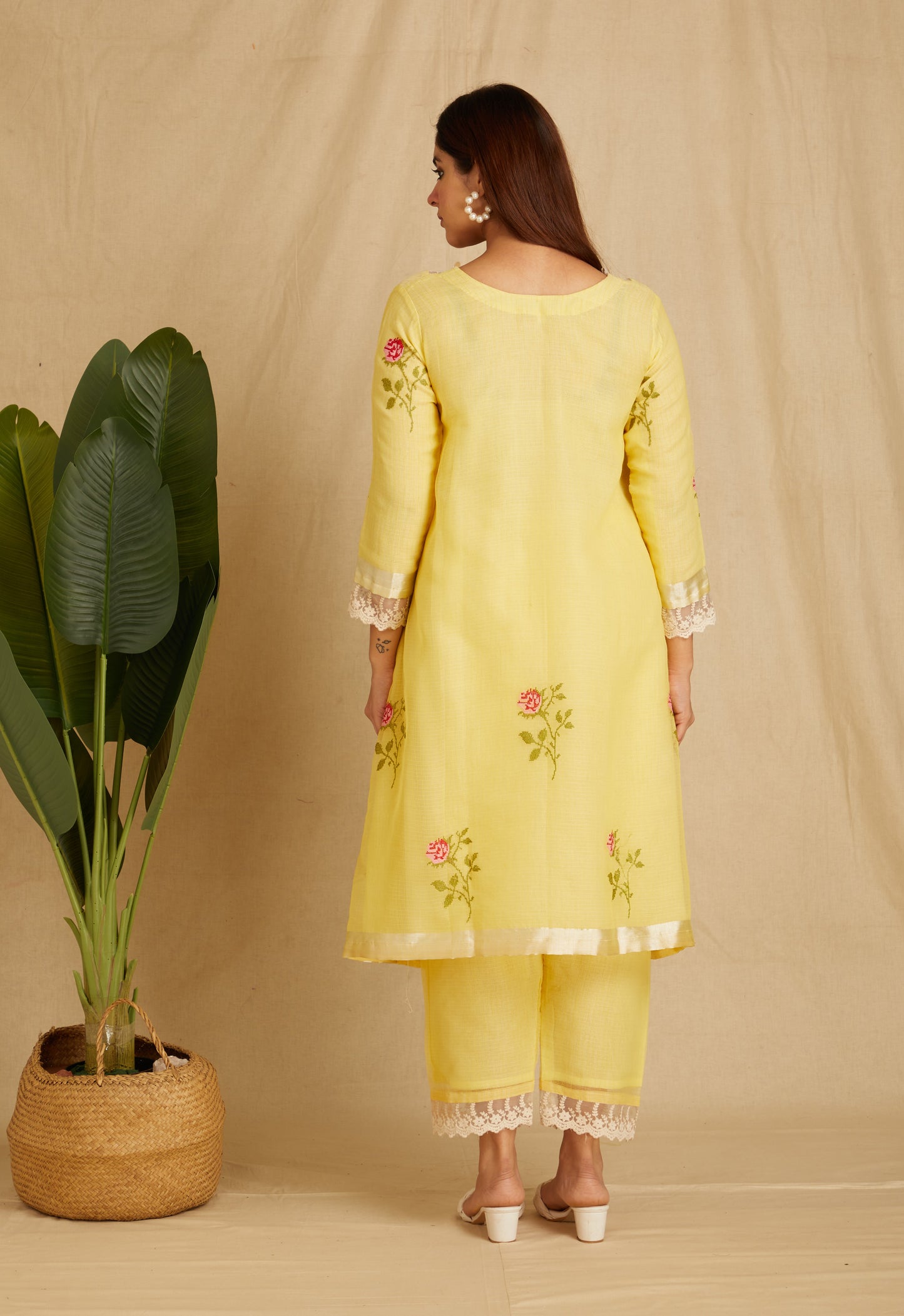 TARINI: Yellow Embroidered Kota Doria Kurta Set
