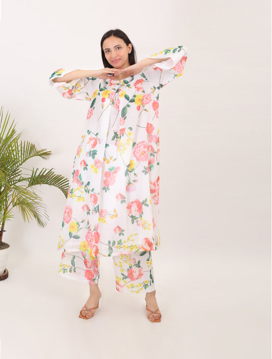 A WALK IN BLOOMS: Cotton linen printed summer women kurta set - SIMPLY KITSCH