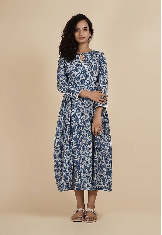 THE BLUE FLOWER: Hand block printed cotton dress with pearl detail - SIMPLY KITSCH