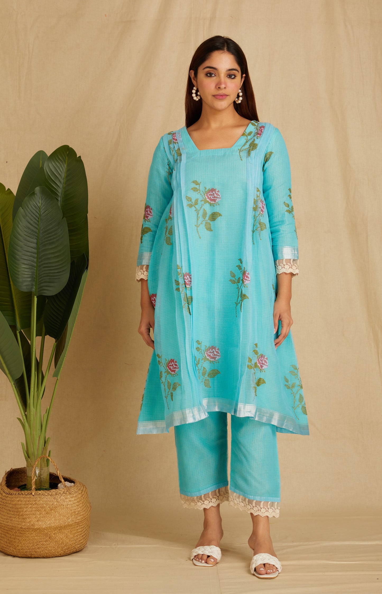 SVARA: Blue Embroidered Kota Doria Kurta Set