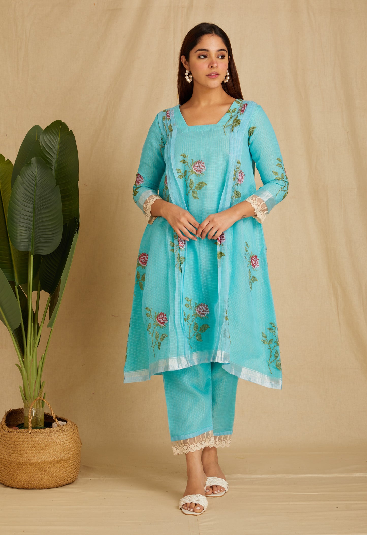 SVARA: Blue Embroidered Kota Doria Kurta Set