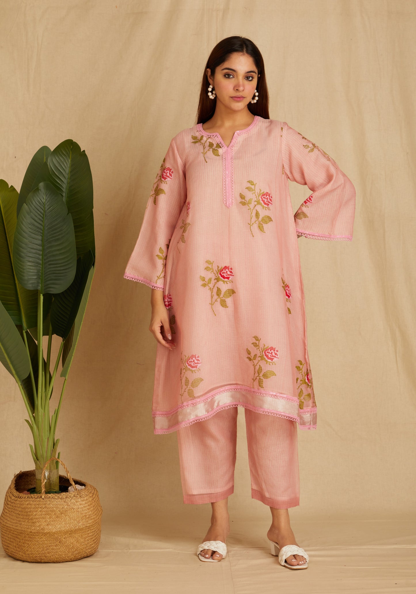 ANIRA: Pink Embroidered Kota Doria Kurta Set