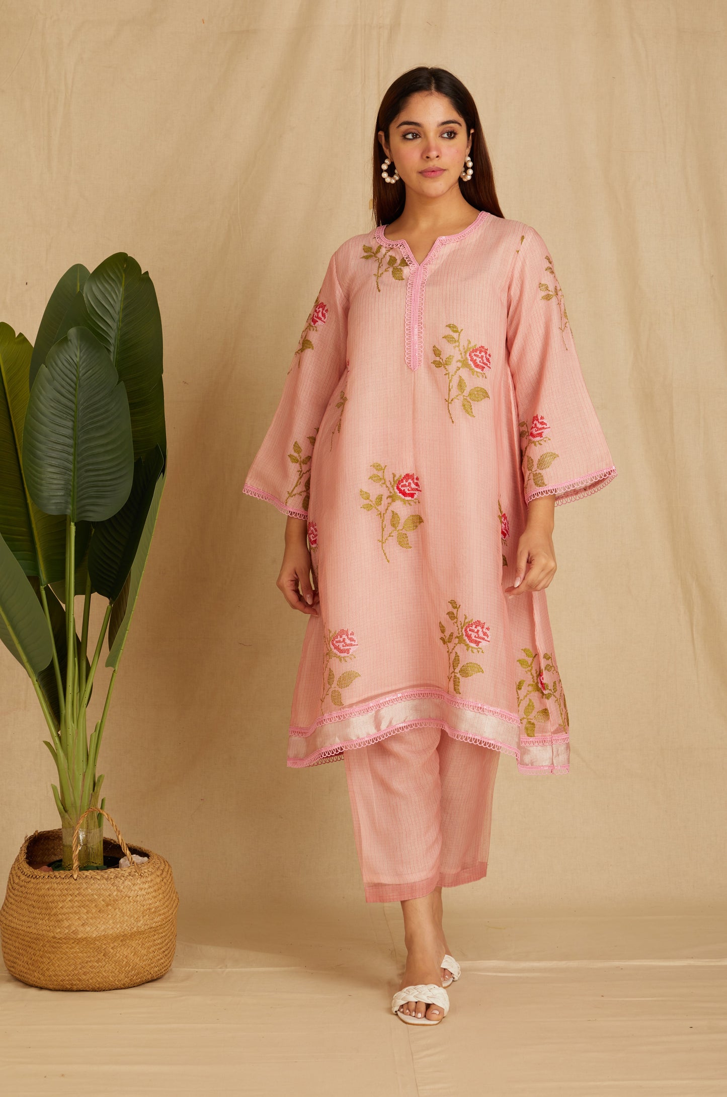 ANIRA: Pink Embroidered Kota Doria Kurta Set
