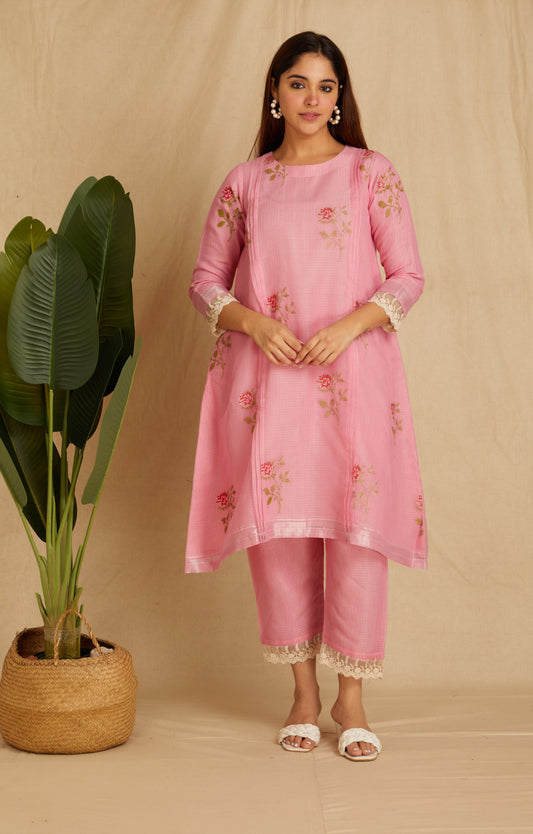 KANIRA: Pink Embroidered Kota Doria Kurta Set