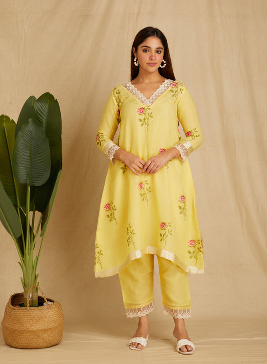 TARINI: Yellow Embroidered Kota Doria Kurta Set