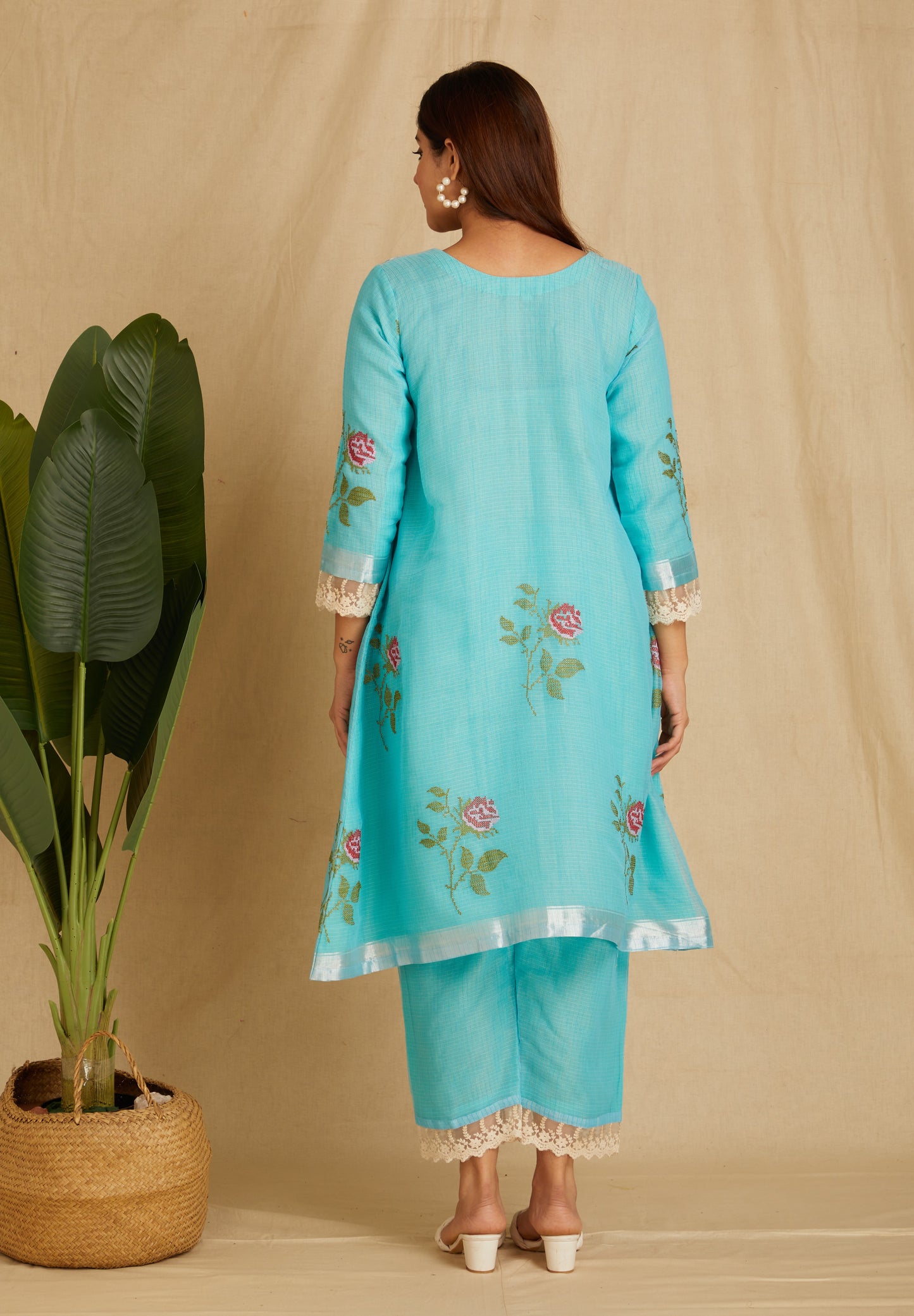 SVARA: Blue Embroidered Kota Doria Kurta Set