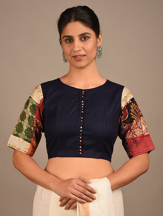 NEEL: Navy Blue Kantha Patchwork Blouse for Saree - SIMPLY KITSCH