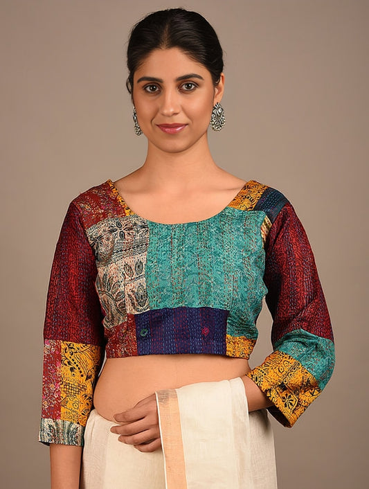 RANGEEN: Hand-embroidered Kantha saree blouse - SIMPLY KITSCH