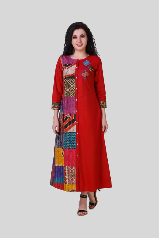 GULAAL: Red vintage silk kantha hand embroidered dress - SIMPLY KITSCH