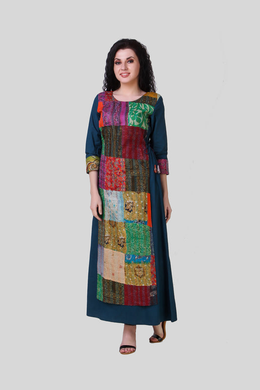 NEEL-HARA: Teal cotton layered silk kantha tie up women dress - SIMPLY KITSCH