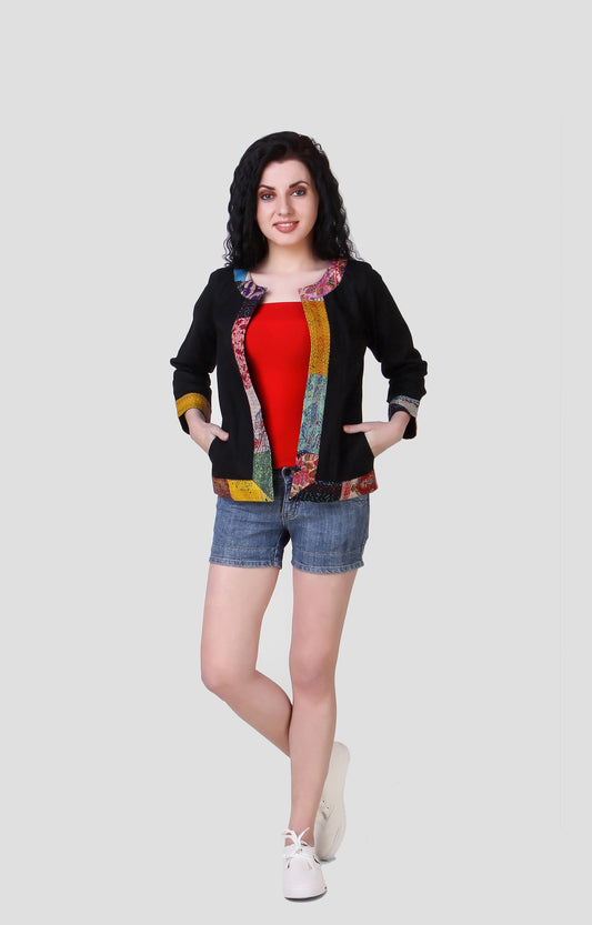 PAIBAND: Cotton jacket with silk kantha patch - SIMPLY KITSCH