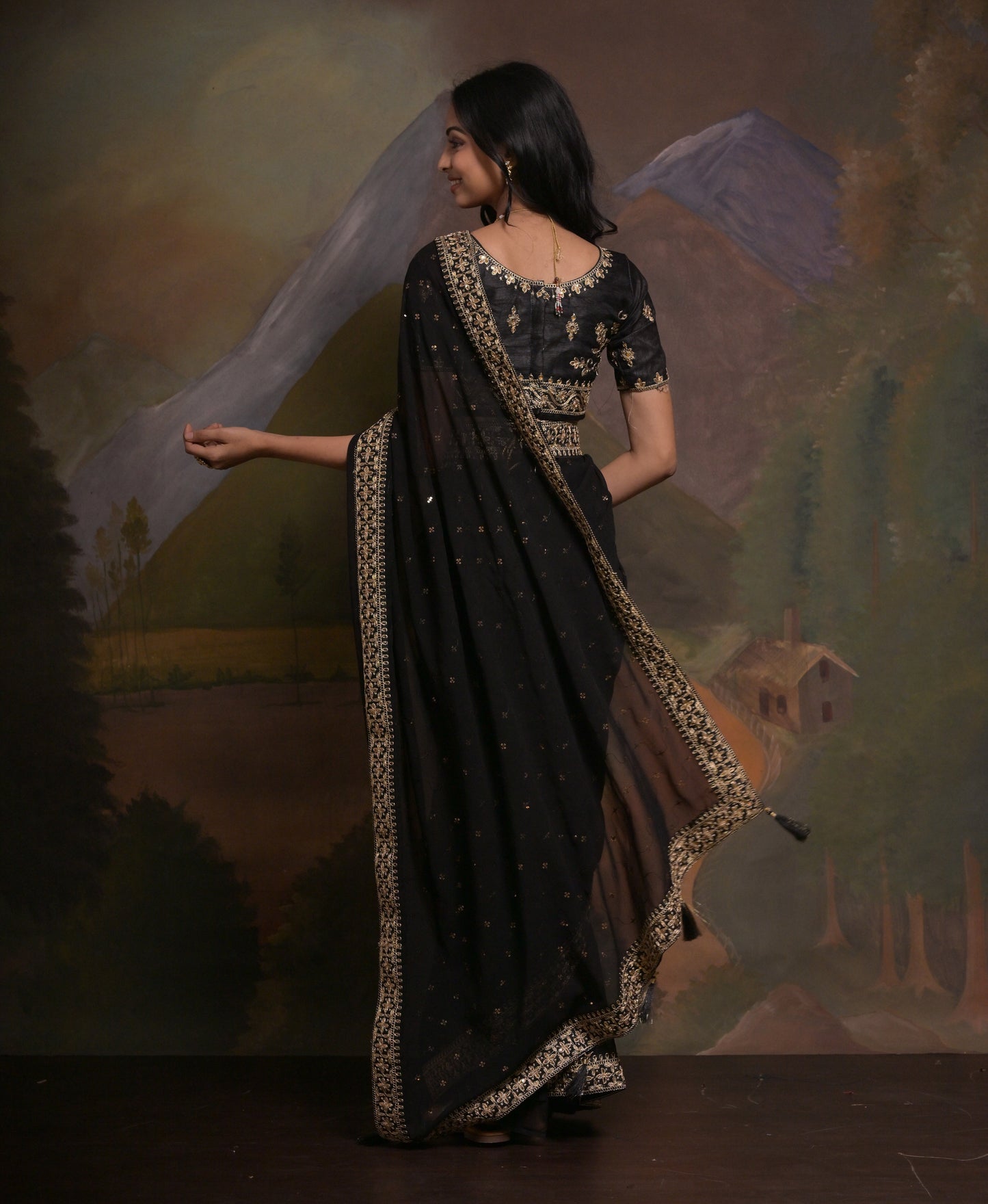 NOOR: Black georgette hand embroidered saree - SIMPLY KITSCH