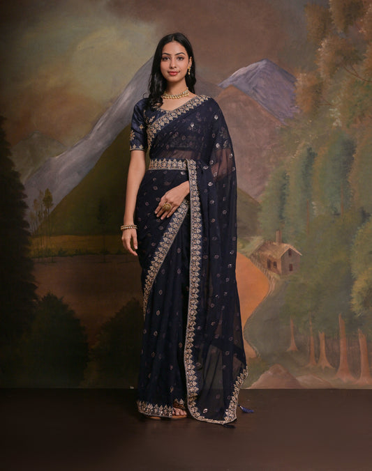 ZOHRA: Wine georgette hand embroidered saree - SIMPLY KITSCH