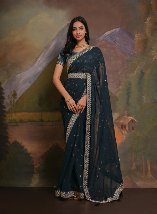 FATIMAH: Blue georgette hand embroidered saree - SIMPLY KITSCH