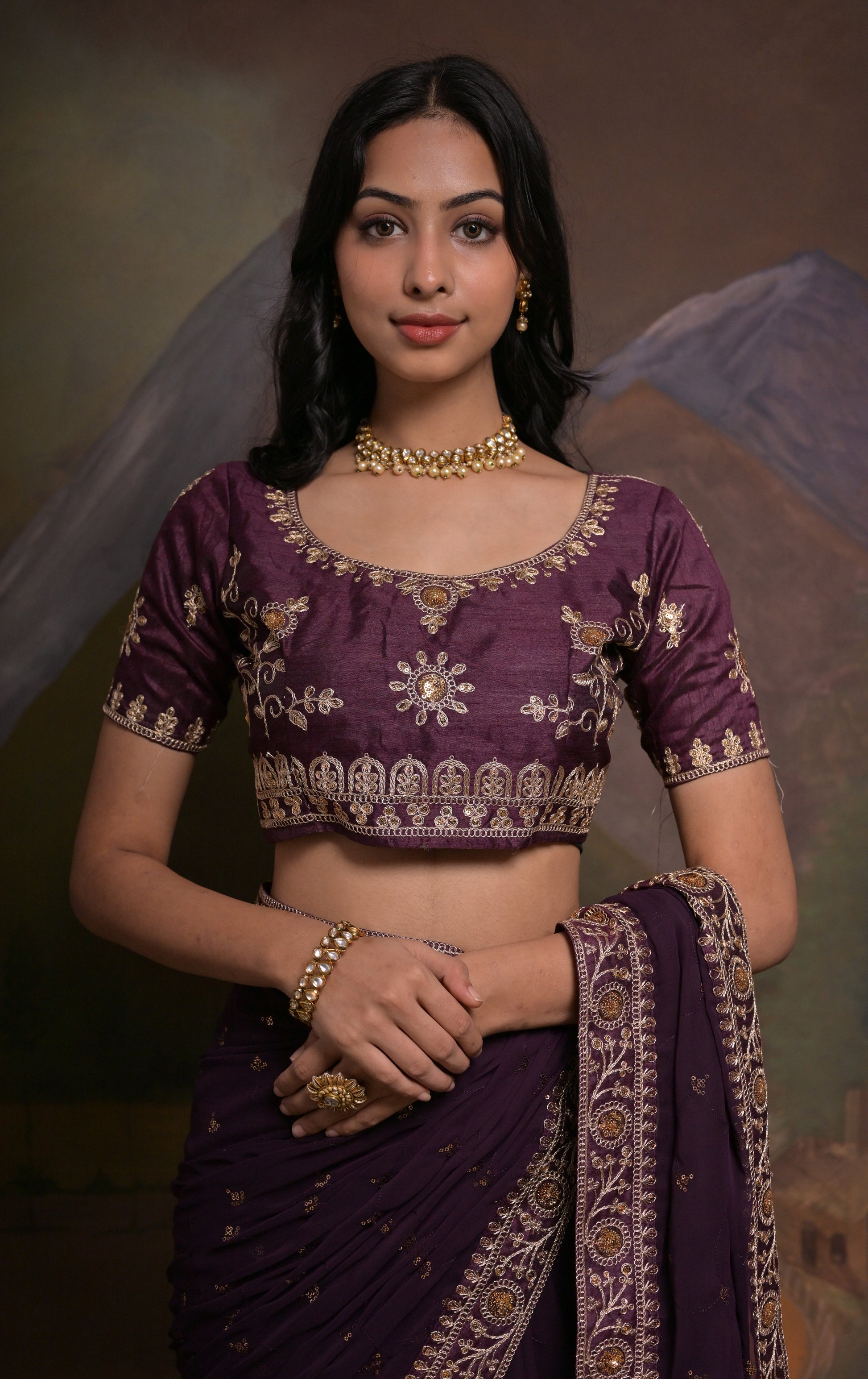 DHWANI: Purple  georgette hand embroidered saree - SIMPLY KITSCH