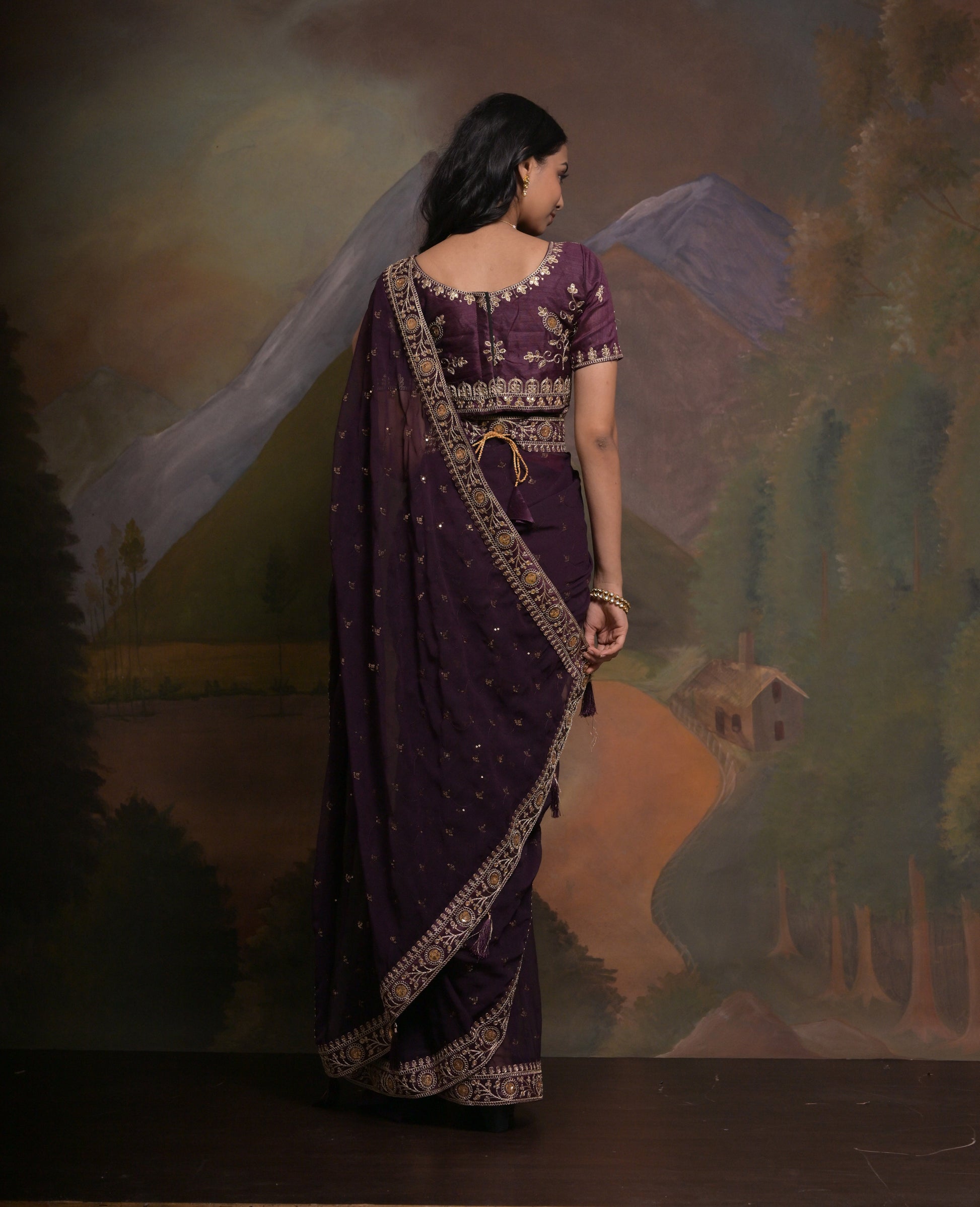 DHWANI: Purple  georgette hand embroidered saree - SIMPLY KITSCH