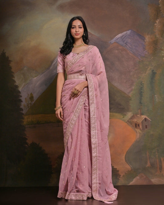 HEER: Old rose georgette hand embroidered saree - SIMPLY KITSCH