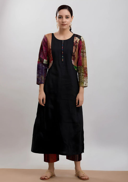 SAAZ: Vintage silk kantha black kurta set