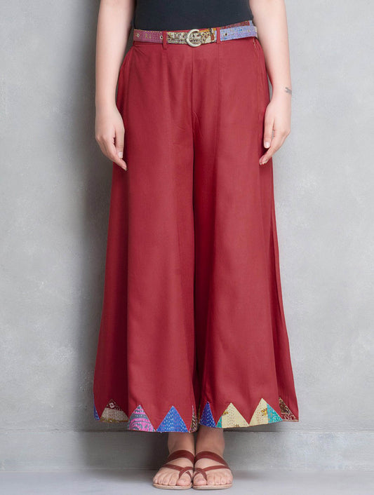 SURKH: Red cotton silk kali palazzo with kantha applique - SIMPLY KITSCH