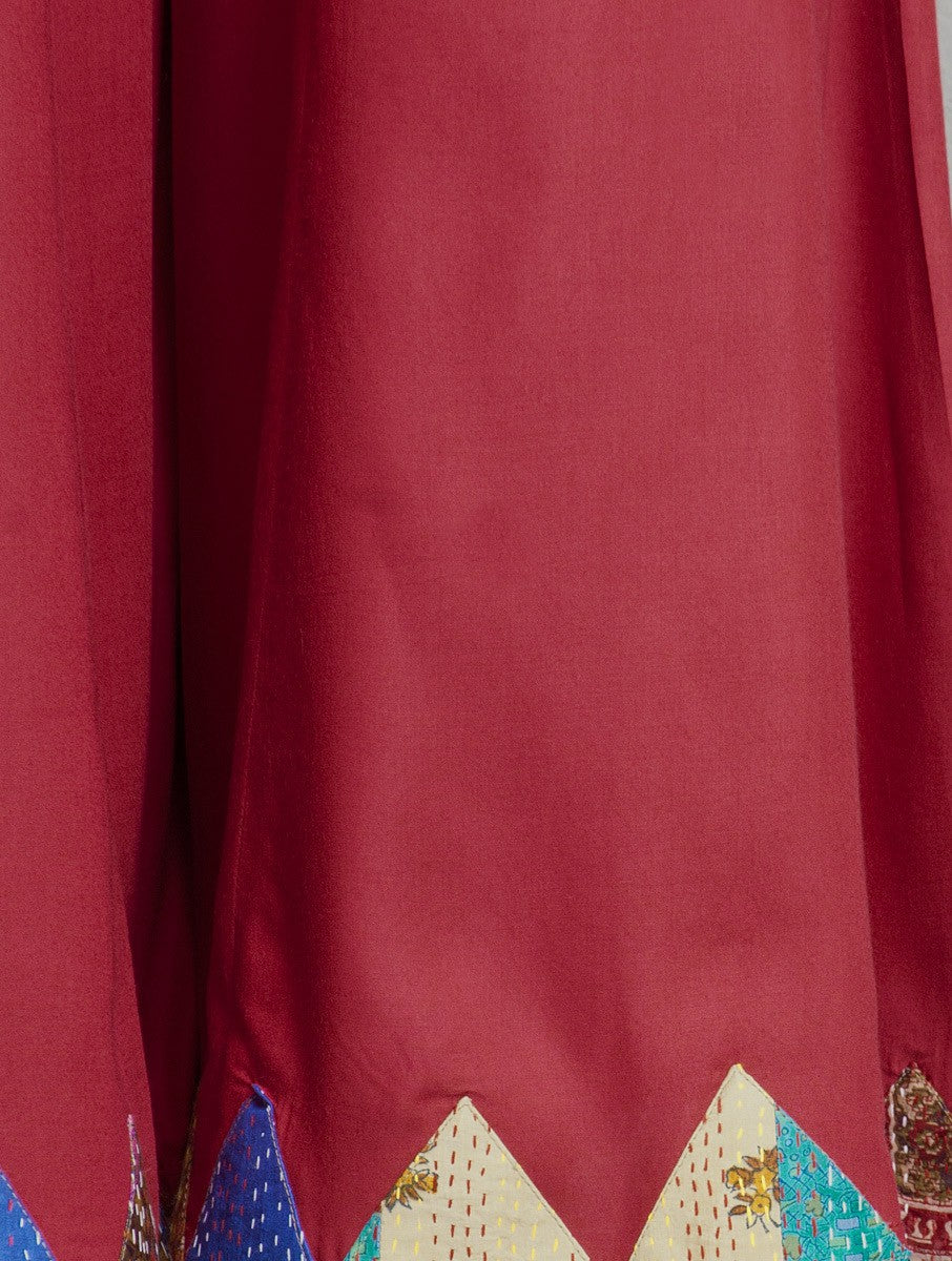 SURKH: Red cotton silk kali palazzo with kantha applique - SIMPLY KITSCH