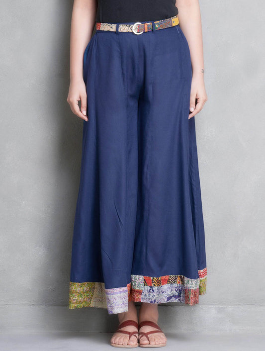 NEELOFER: Blue cotton silk kali palazzo with silk kantha border - SIMPLY KITSCH