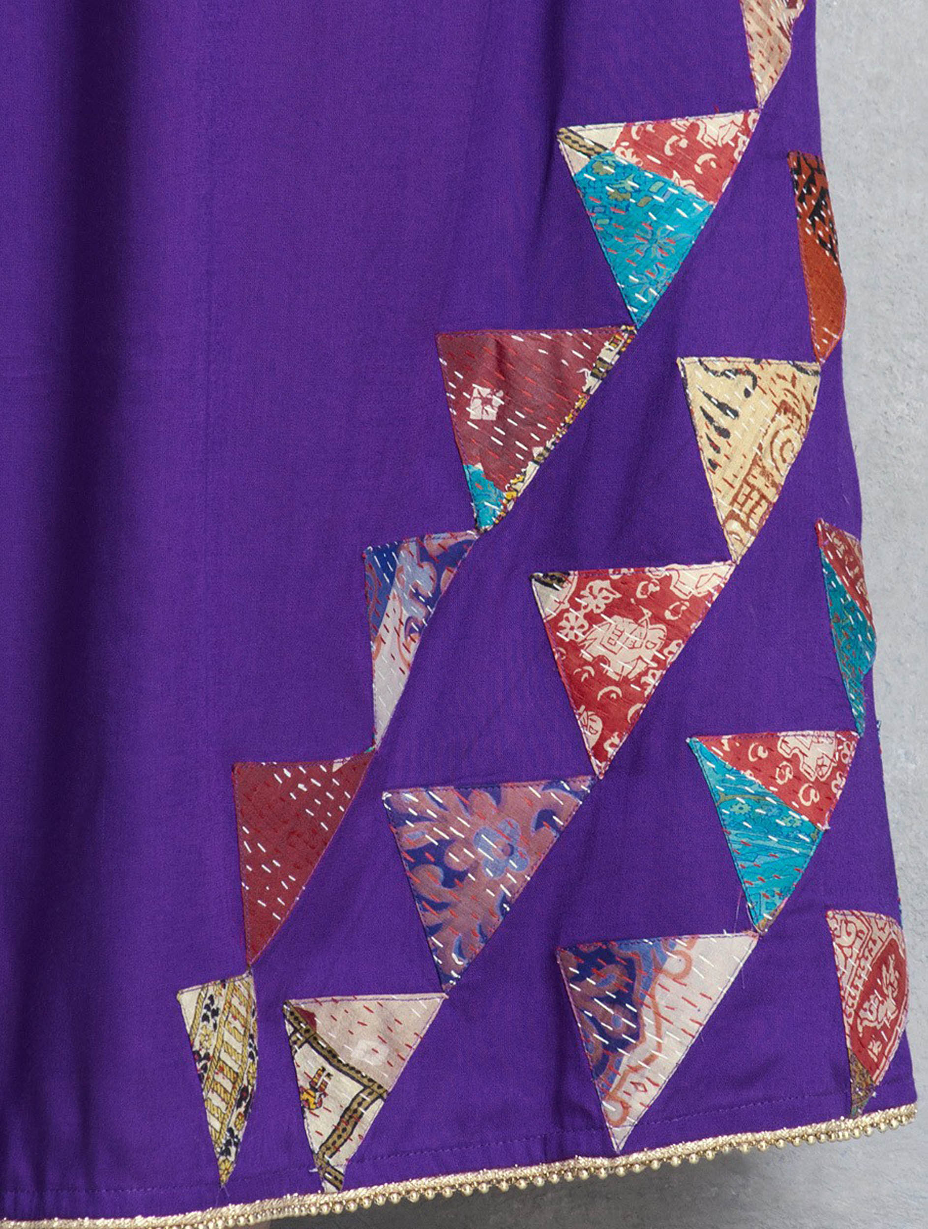 BHUJ: Purple cotton silk kali skirt with kantha and gota border - SIMPLY KITSCH