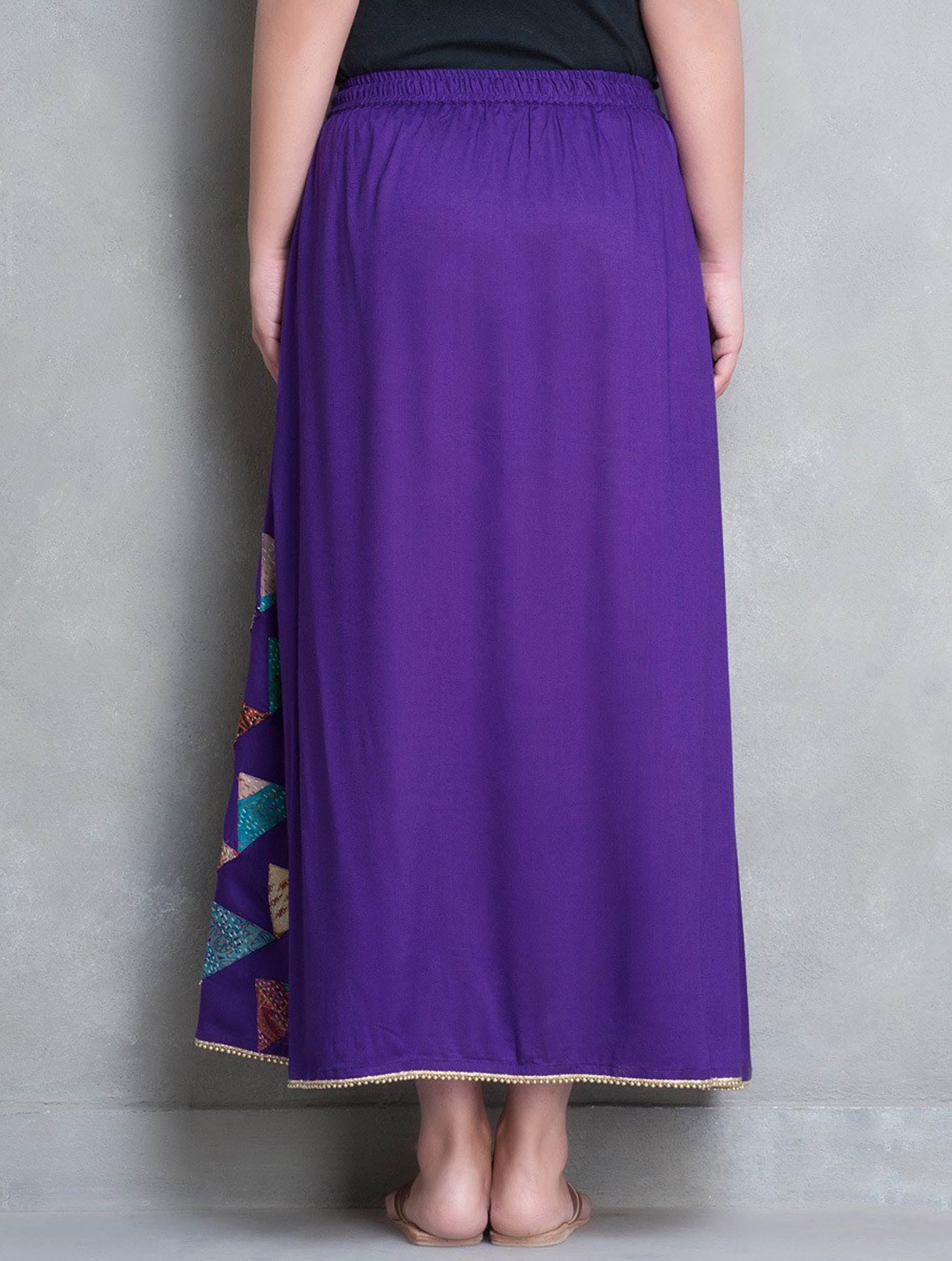 BHUJ: Purple cotton silk kali skirt with kantha and gota border - SIMPLY KITSCH