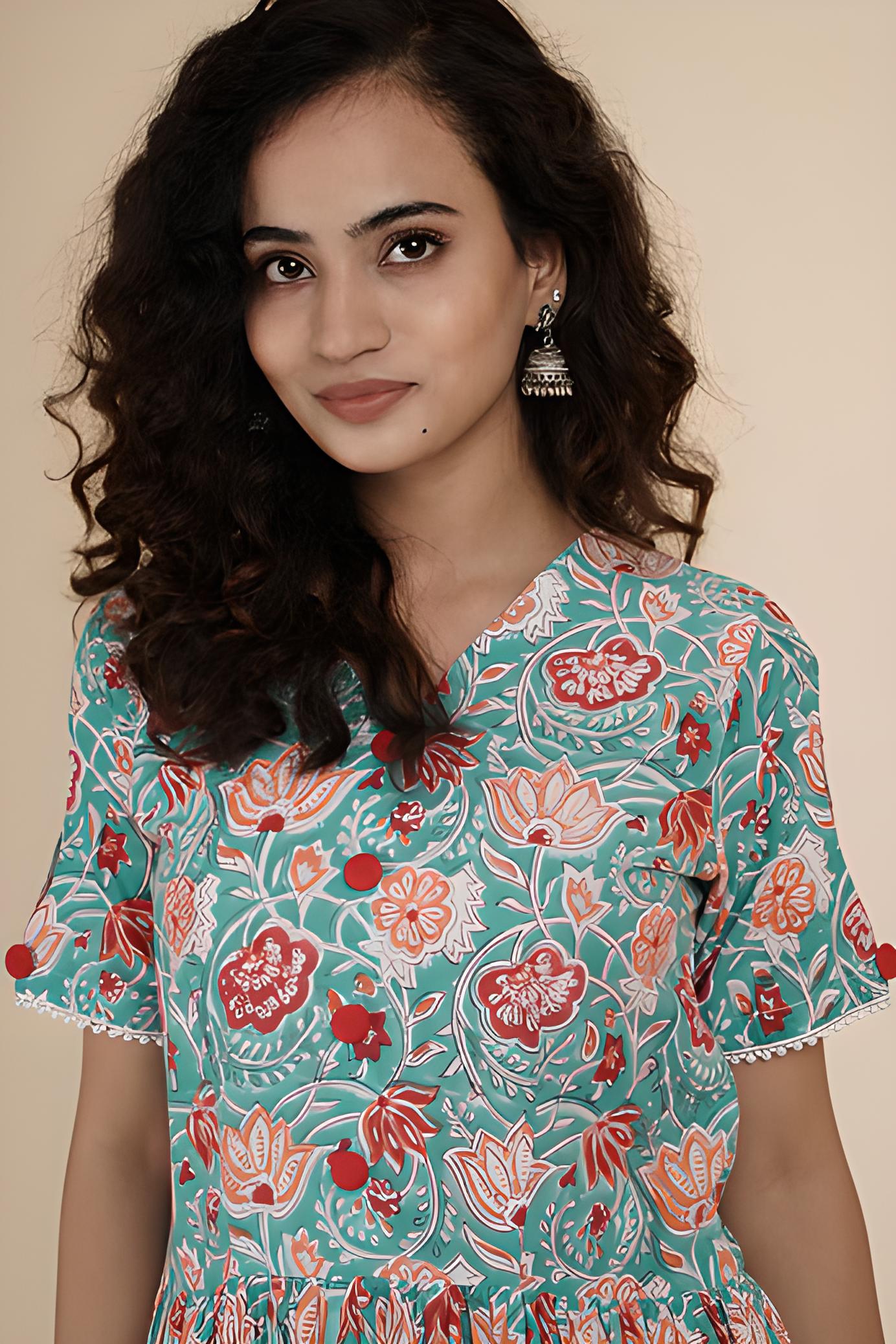 RED ROSE: Hand block printed cotton dress with pearl detail - SIMPLY KITSCH